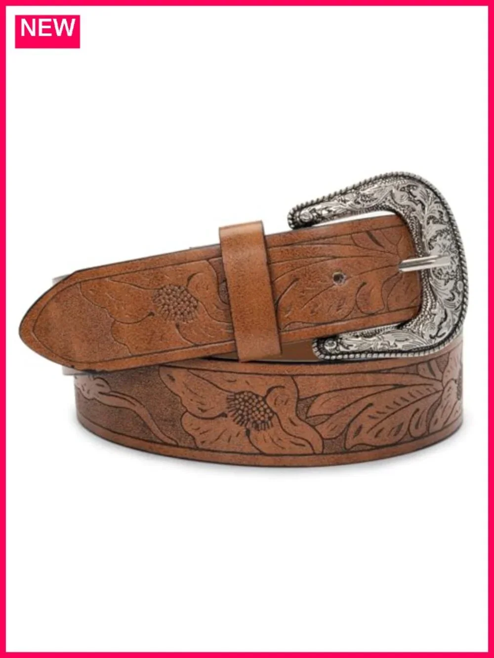 Vintage Faux Leather Belt with Hollow Out Flower Buckle